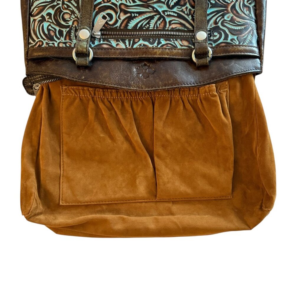 Patricia Nash Poppy Top Zip Tote Turquoise Embossed Leather Floral Design 14x10 - Picture 15 of 16